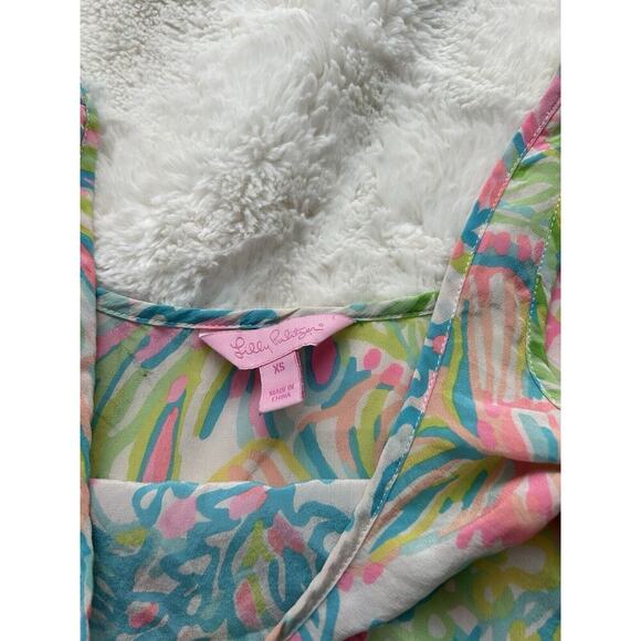 LILLY PULITZER‎ Cosmos Silk Top Multi Lovers Coral Women's XS Neon Pink Blue - Picture 4 of 6